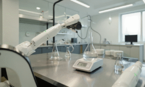 Robotic arm handling a glass flask on a digital scale in a laboratory setting, with other flasks and lab equipment in the background.