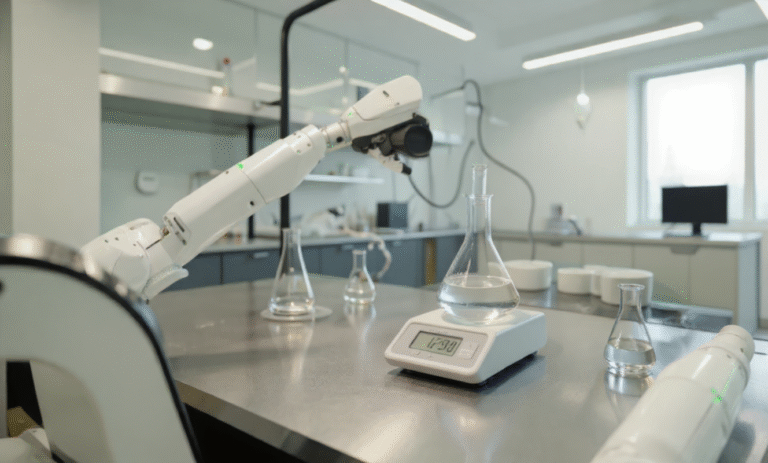 Robotic arm handling a glass flask on a digital scale in a laboratory setting, with other flasks and lab equipment in the background.