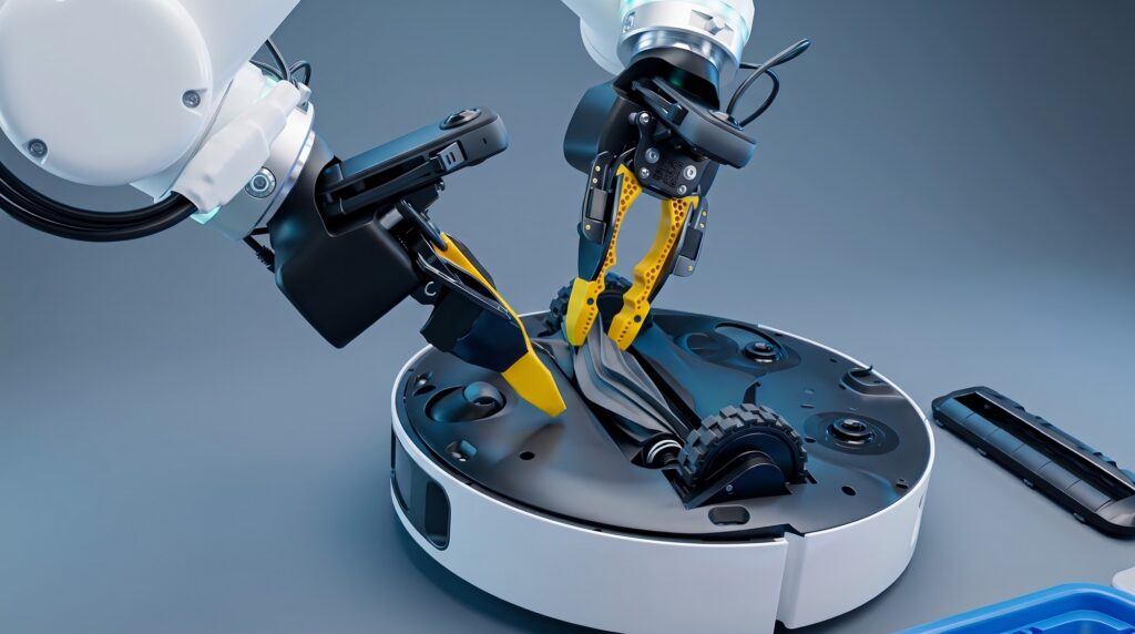 Close-up of two automated robotic arms with yellow and black grippers precisely interacting with the internal roller brushes and underside components of a disassembled white robot vacuum cleaner, set against a smooth grey-blue studio background with cool lighting.