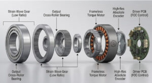 Exploded view diagram of an integrated humanoid actuator showing the placement of a high-resolution absolute encoder alongside a frameless torque motor and strain wave gear