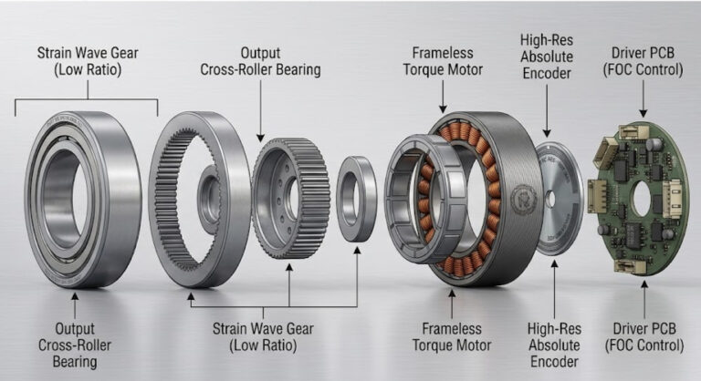 Exploded view diagram of an integrated humanoid actuator showing the placement of a high-resolution absolute encoder alongside a frameless torque motor and strain wave gear