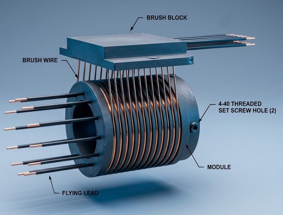 Separate slip ring & brush block sets designed primarily for low voltage, signal applications for use at low to medium speeds.