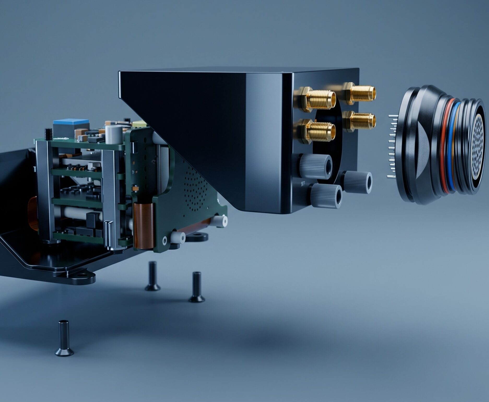 Exploded hardware render showing the internal components and stack of Veronte 1x.