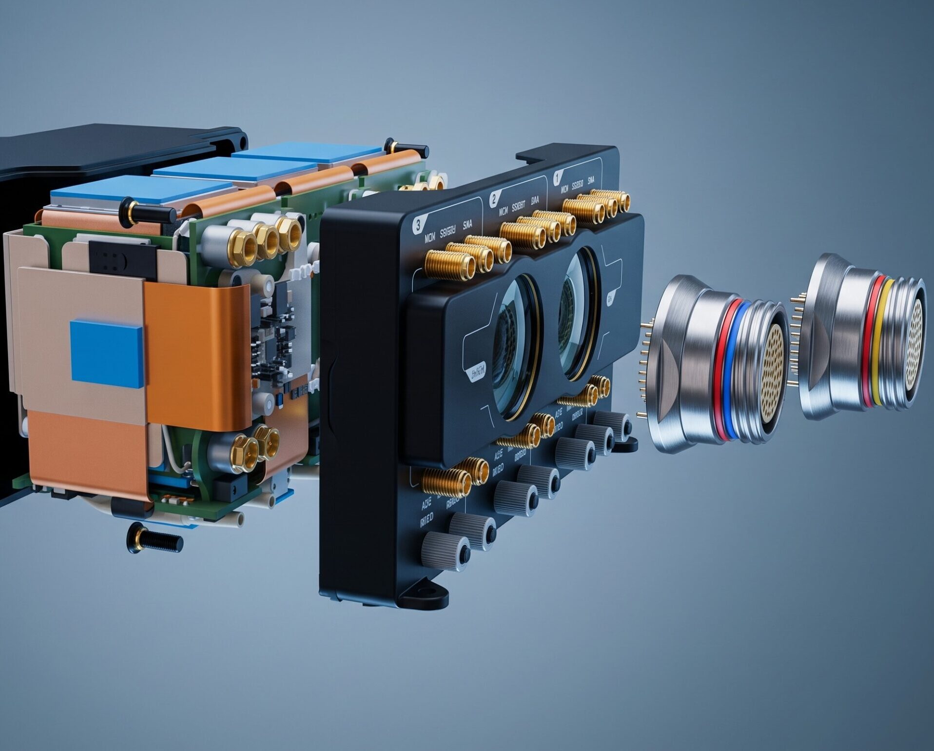 Exploded hardware render showing the internal boards and redundant components of Veronte 4x.
