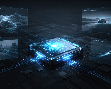High-tech visual diagram displaying KAI's embedded AI processor and computer vision interface modules.
